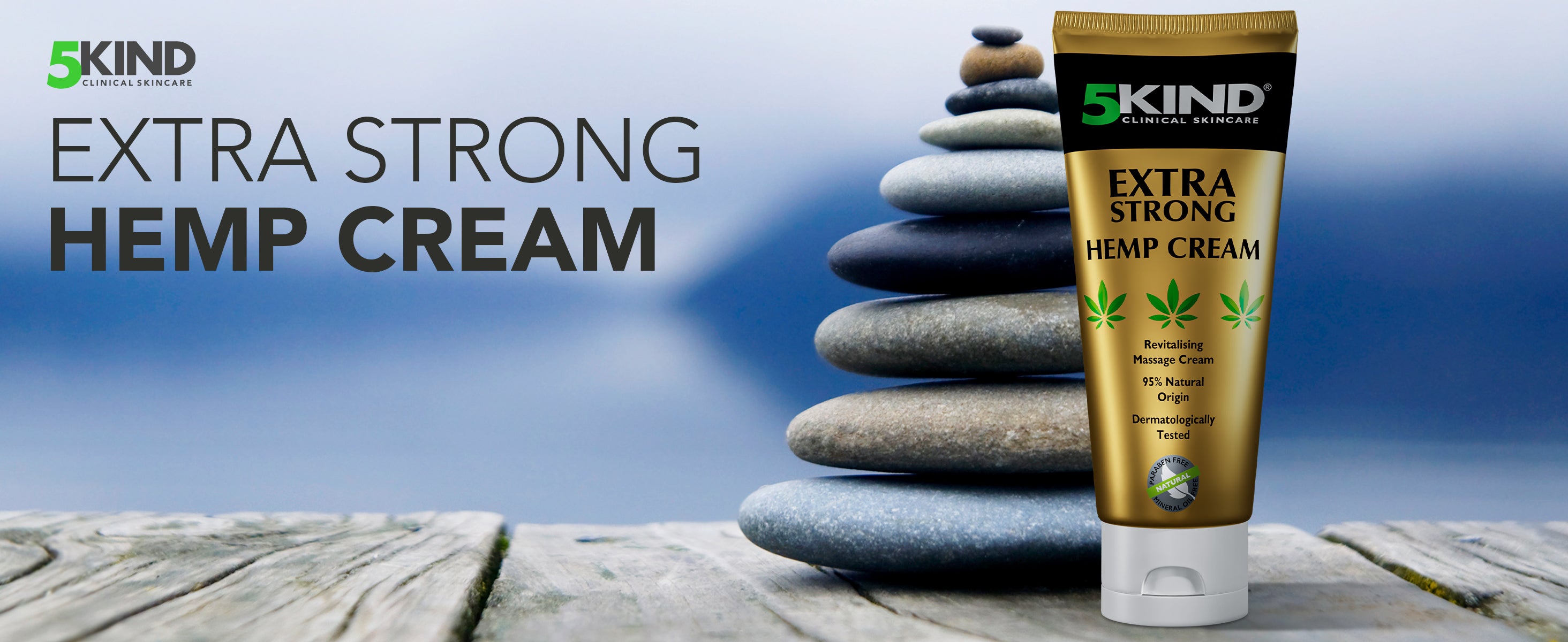 5Kind Extra Strong Hemp Cream tube with natural massage benefits on stone background