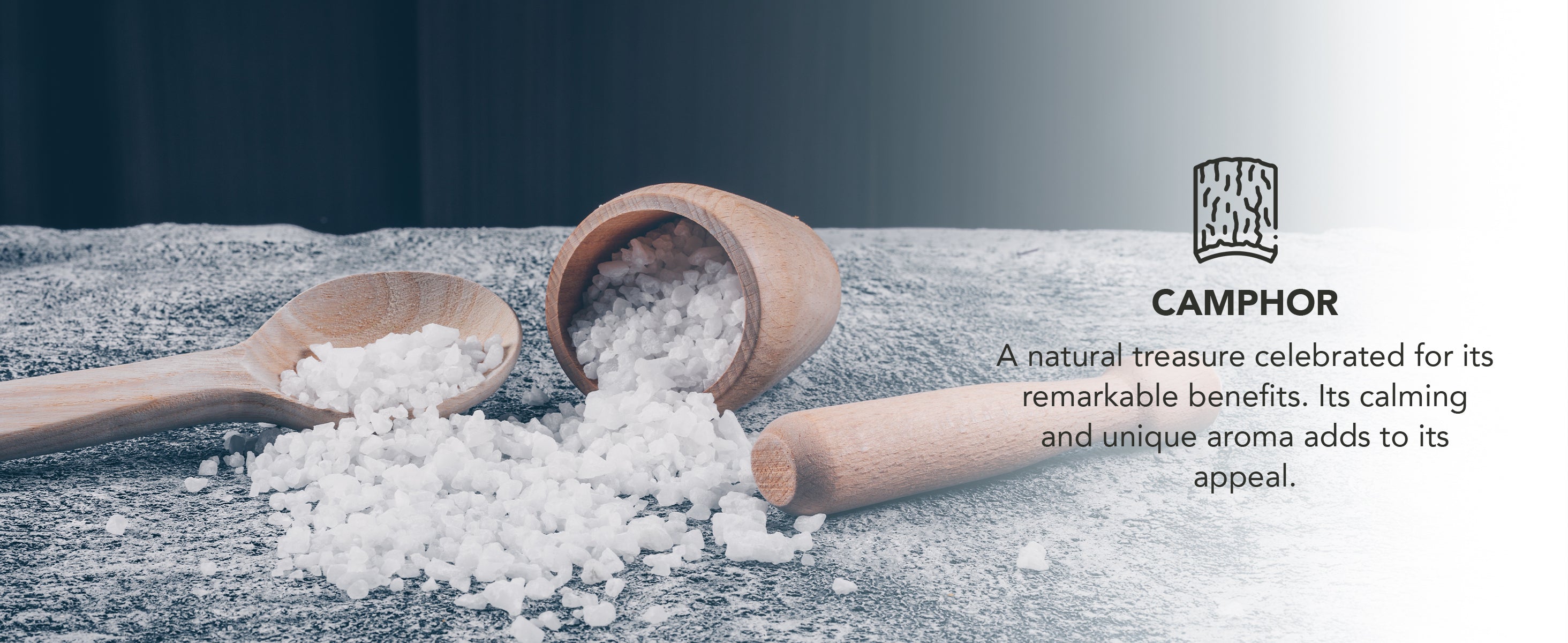 Wooden scoop and spoon with camphor on a textured surface, Camphor brand logo visible.