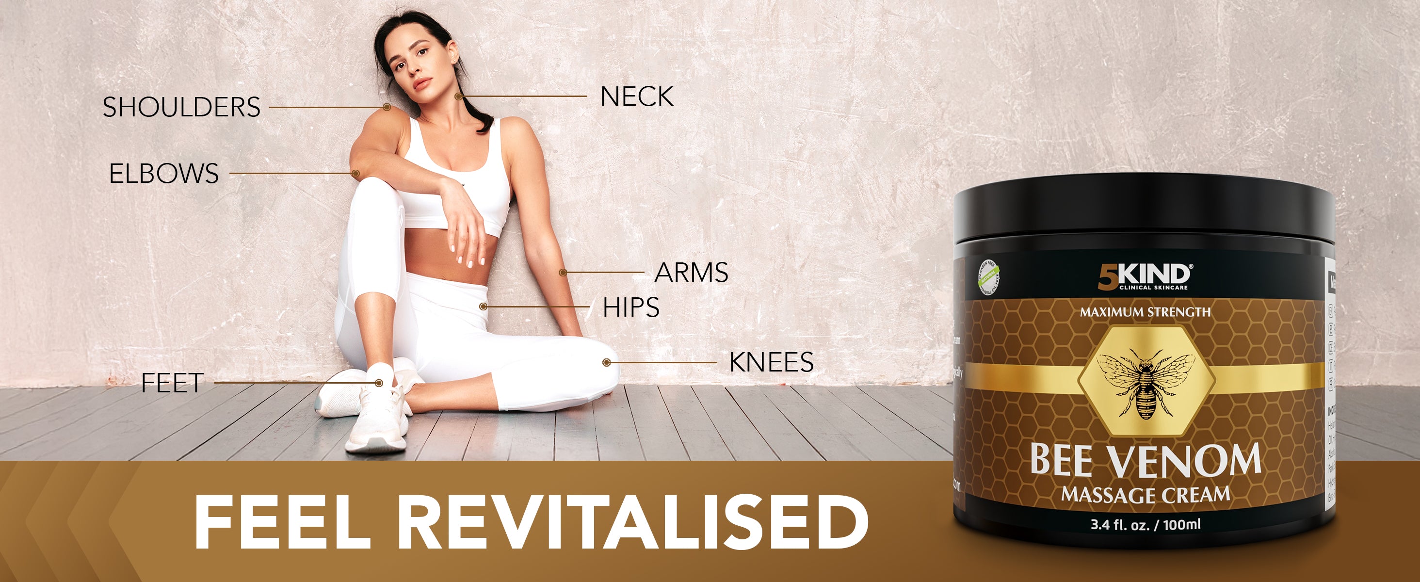 Woman sitting on the floor with labeled body parts next to a container of 'Kind' Bee Venom Massage Cream.