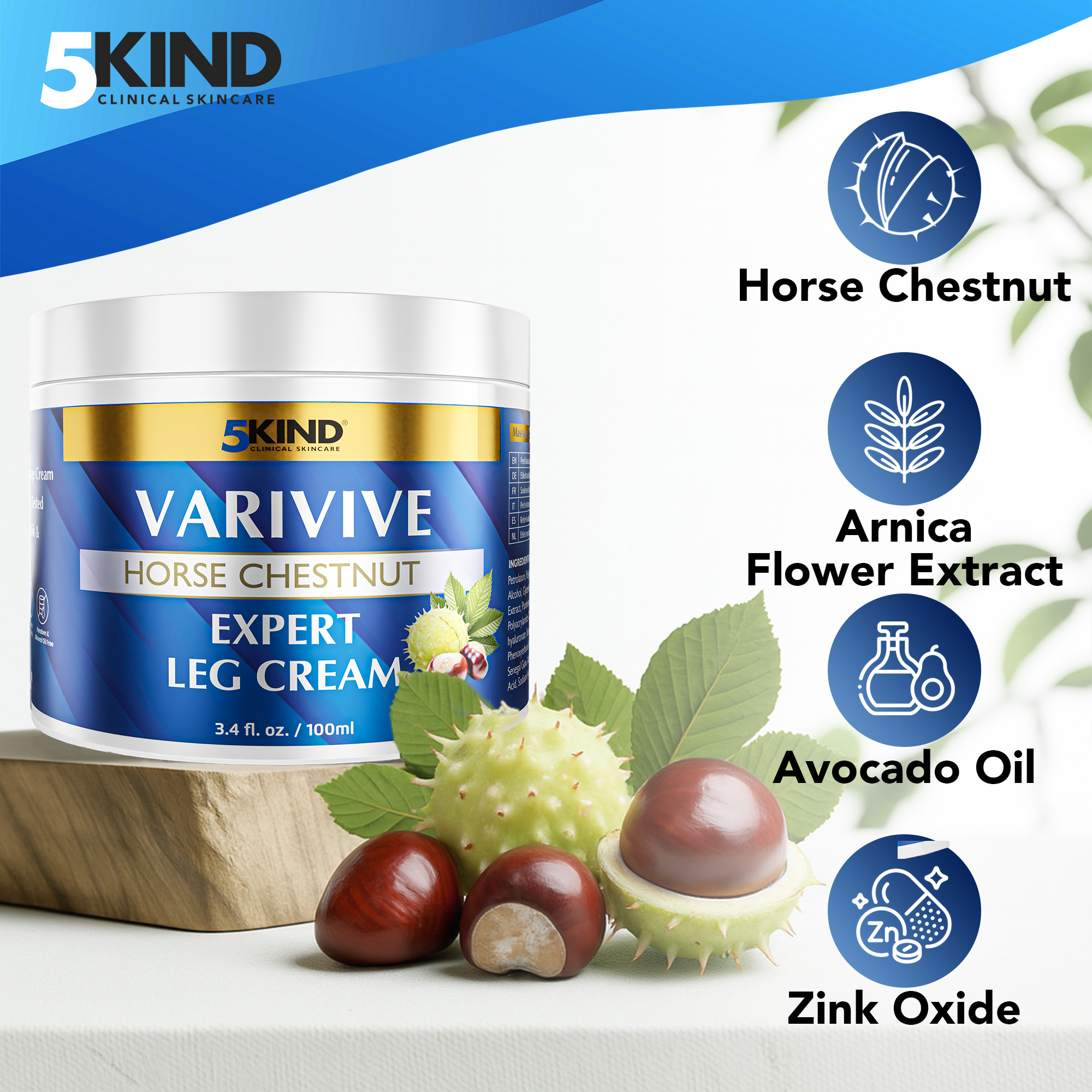 5Kind Varivive Horse Chestnut Expert Leg Cream 100ml (Formally Varicose Veins Cream) - with Zinc, Arnica & Avocado Oil - Improve Appearance & Feel Over Time - Varicose Veins Treatment for Legs