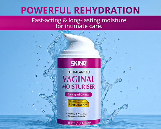 Vaginal moisturizer bottle with water splashes on a blue background, labeled '5kind'.