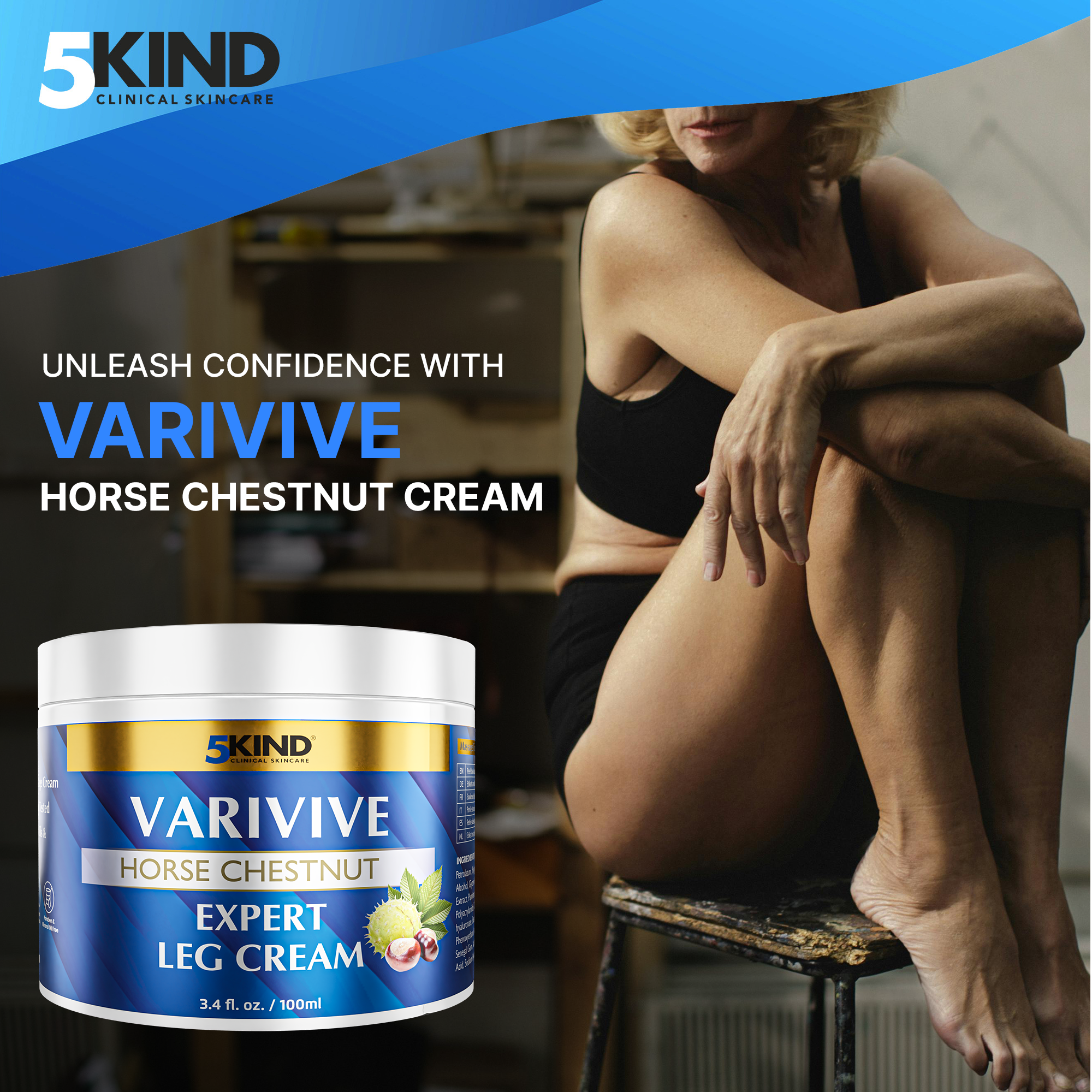 5Kind Varivive Horse Chestnut Expert Leg Cream 100ml (Formally Varicose Veins Cream) - with Zinc, Arnica & Avocado Oil - Improve Appearance & Feel Over Time - Varicose Veins Treatment for Legs