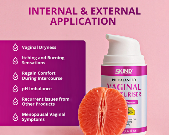Vaginal moisturizer bottle with pink background and text about product uses