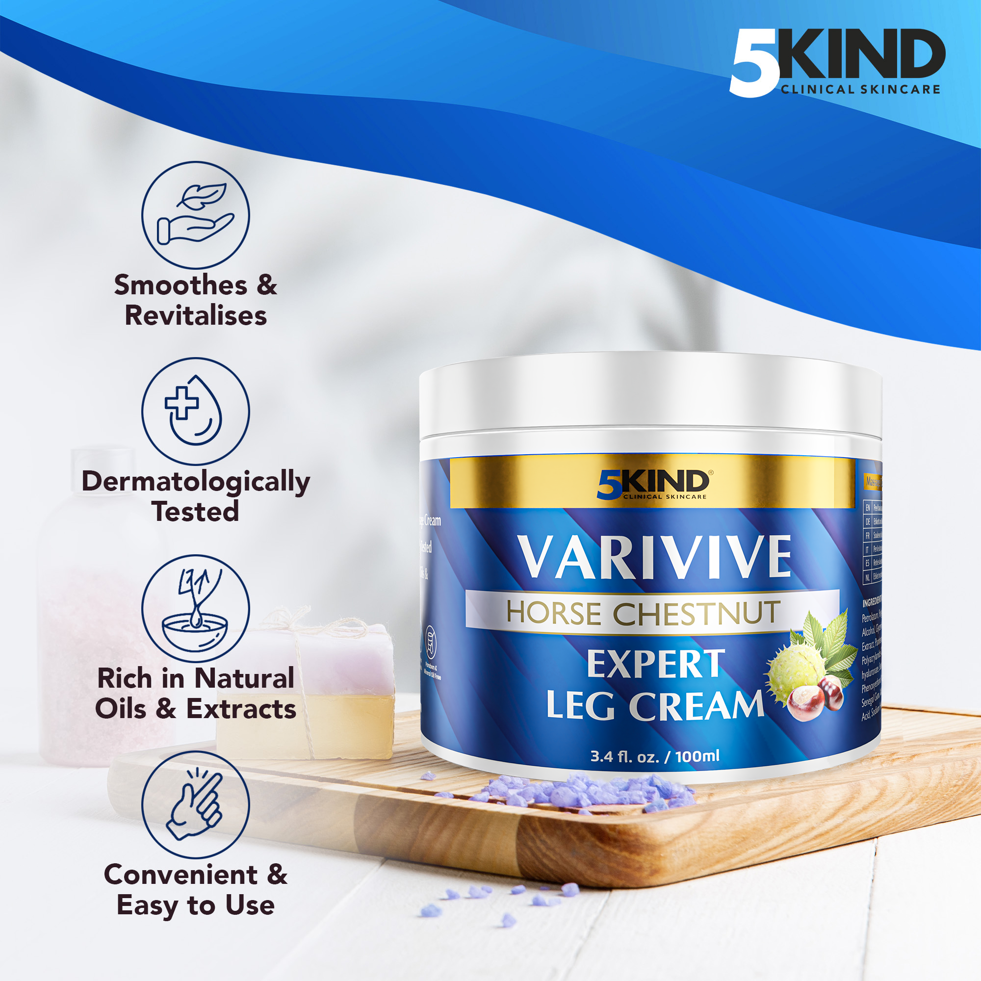 5Kind Varivive Horse Chestnut Expert Leg Cream 100ml (Formally Varicose Veins Cream) - with Zinc, Arnica & Avocado Oil - Improve Appearance & Feel Over Time - Varicose Veins Treatment for Legs