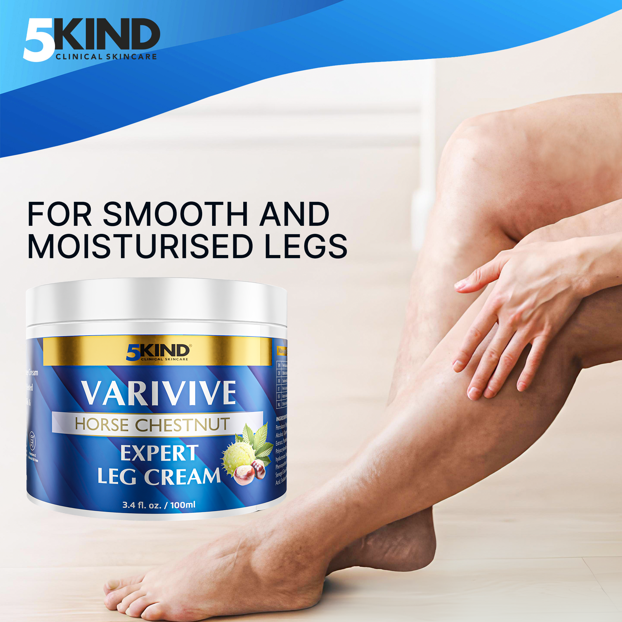 5Kind Varivive Horse Chestnut Expert Leg Cream 100ml (Formally Varicose Veins Cream) - with Zinc, Arnica & Avocado Oil - Improve Appearance & Feel Over Time - Varicose Veins Treatment for Legs