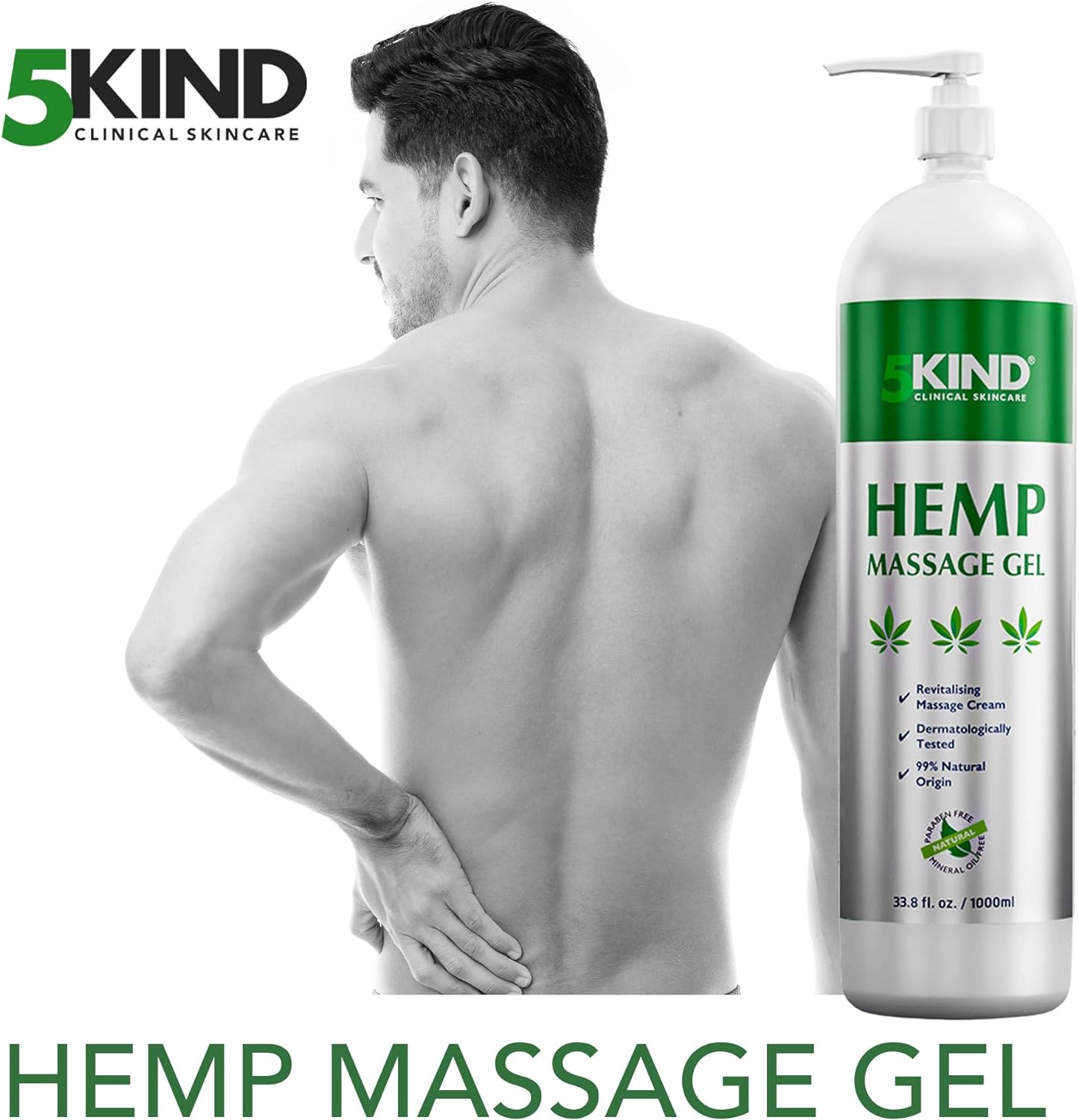 5kind Hemp Active Gel 1000ml - High Strength Hemp Oil Formula - Natural Hemp Massage Gel for Back, Muscles, Feet, Knees, Neck & Shoulders - Hemp Gel Muscle Rub Rich in Natural Extracts