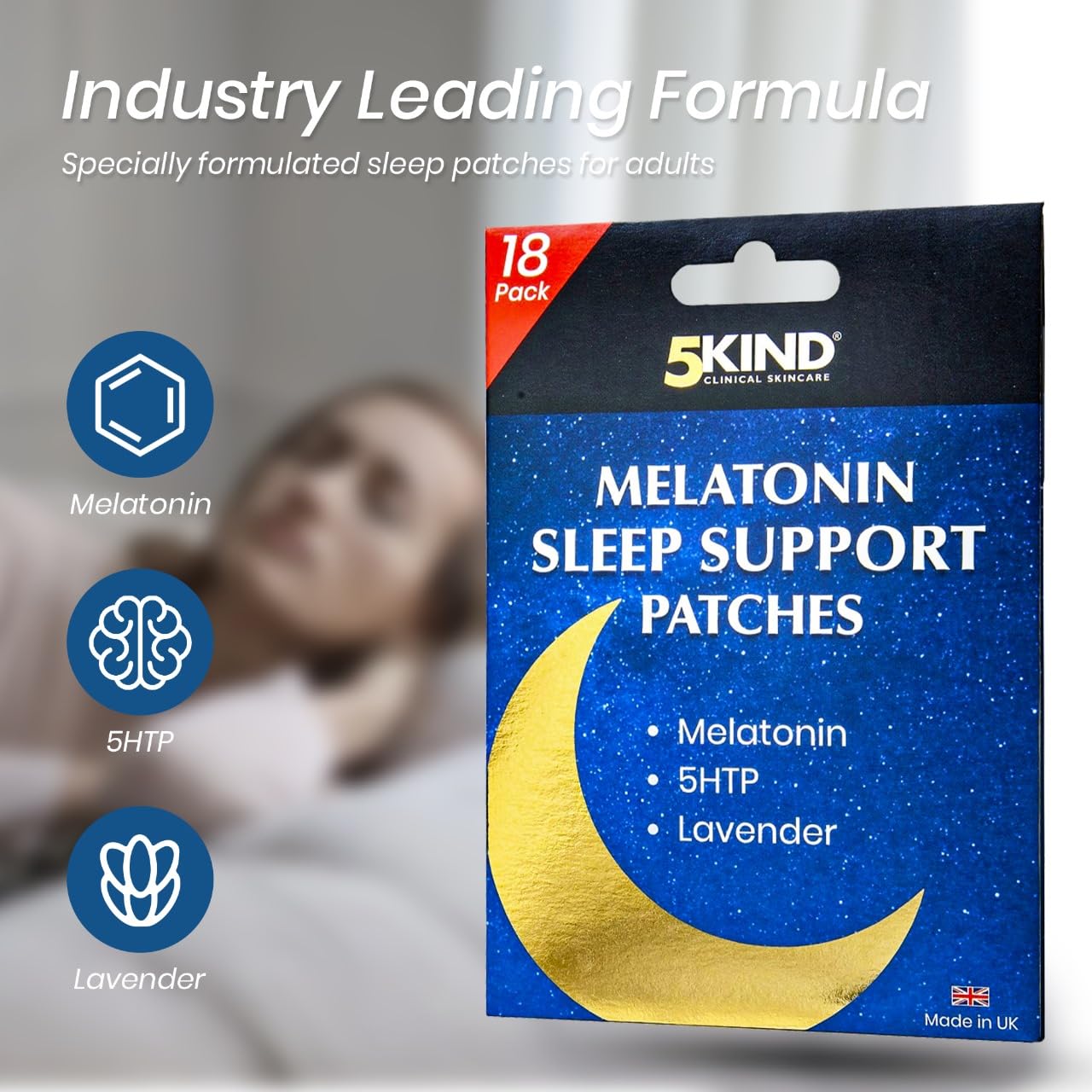 5Kind Melatonin Sleep Patches for Adults - Pack of 18 - High Strength Melatonin, 5HTP & Lavender in Every Patch - Melatonin Patches - Natural Sleep Patches - Made in UK