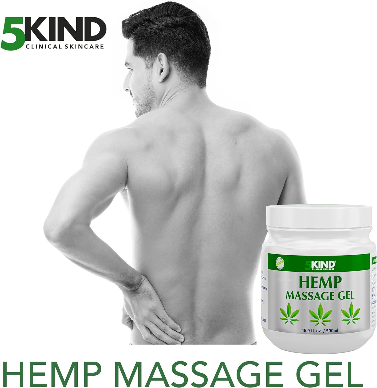 5kind Hemp Active Gel 500ml - High Strength Hemp Oil Formula - Natural Hemp Massage Gel for Back, Muscles, Feet, Knees, Neck & Shoulders - Hemp Gel Muscle Rub Rich in Natural Extracts