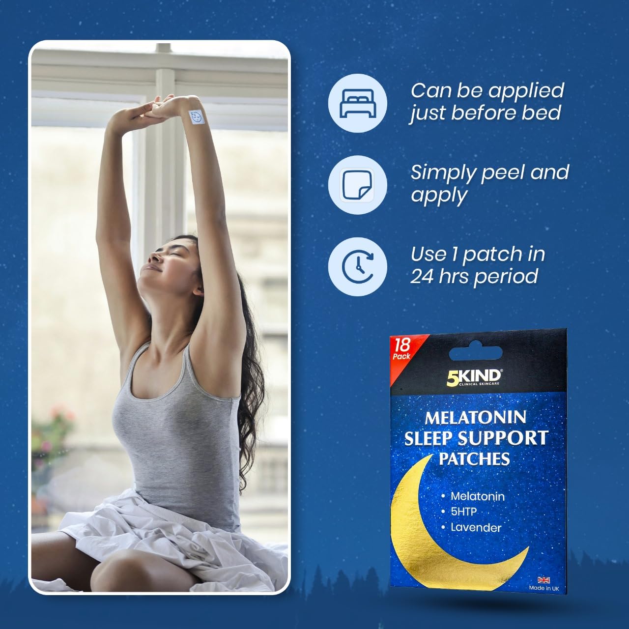 5Kind Melatonin Sleep Patches for Adults - Pack of 18 - High Strength Melatonin, 5HTP & Lavender in Every Patch - Melatonin Patches - Natural Sleep Patches - Made in UK