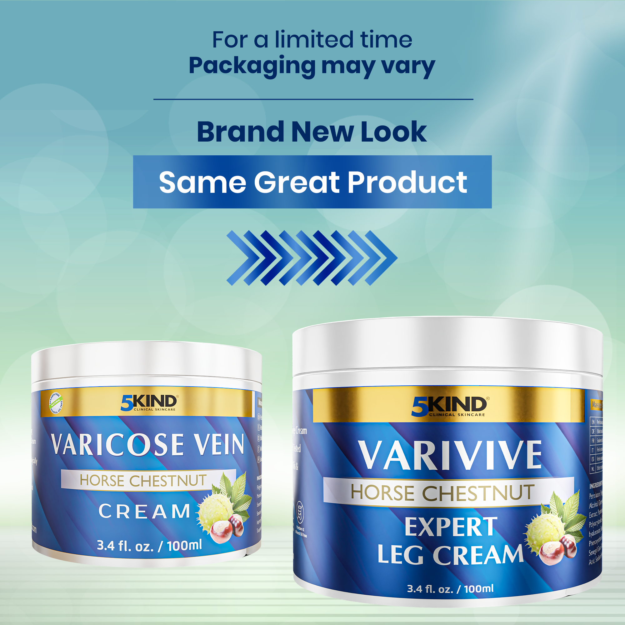 5Kind Varivive Horse Chestnut Expert Leg Cream 100ml (Formally Varicose Veins Cream) - with Zinc, Arnica & Avocado Oil - Improve Appearance & Feel Over Time - Varicose Veins Treatment for Legs