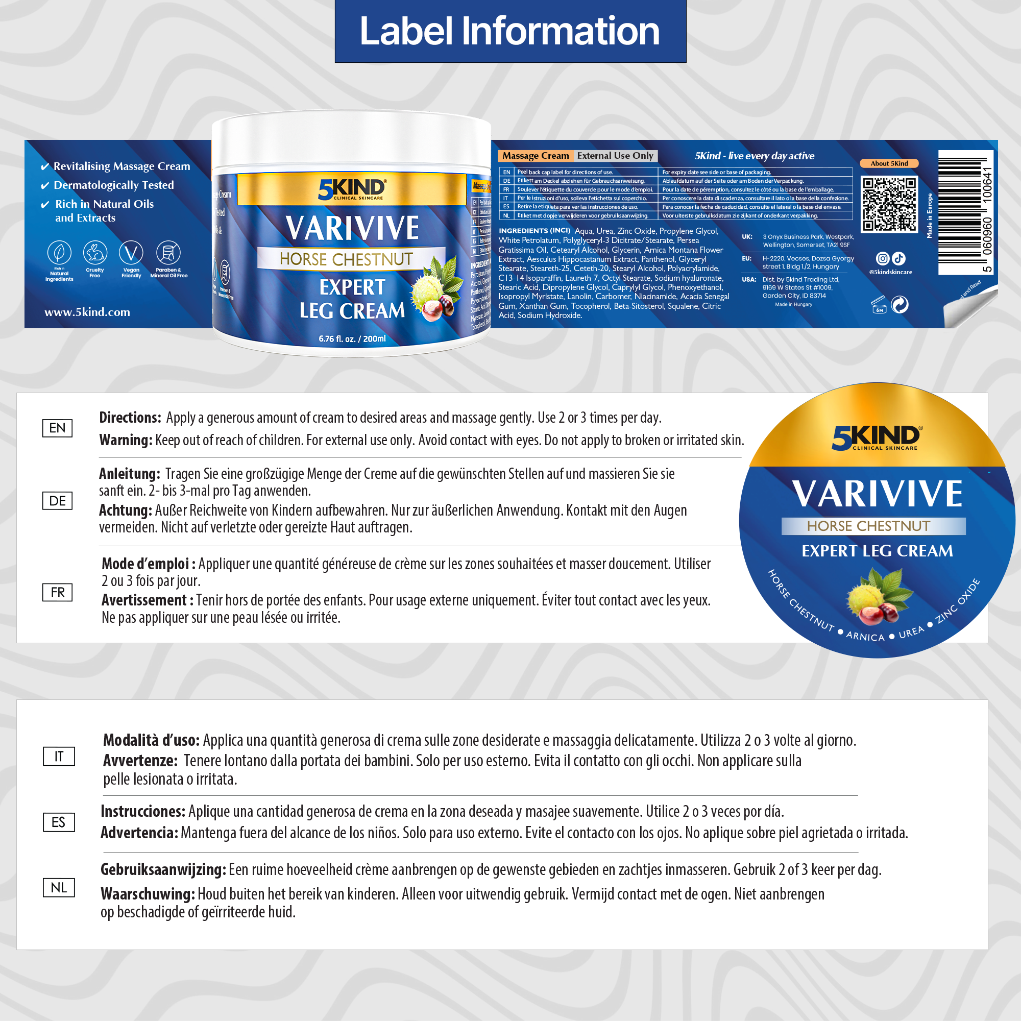 5Kind Varivive Horse Chestnut Expert Leg Cream 100ml (Formally Varicose Veins Cream) - with Zinc, Arnica & Avocado Oil - Improve Appearance & Feel Over Time - Varicose Veins Treatment for Legs