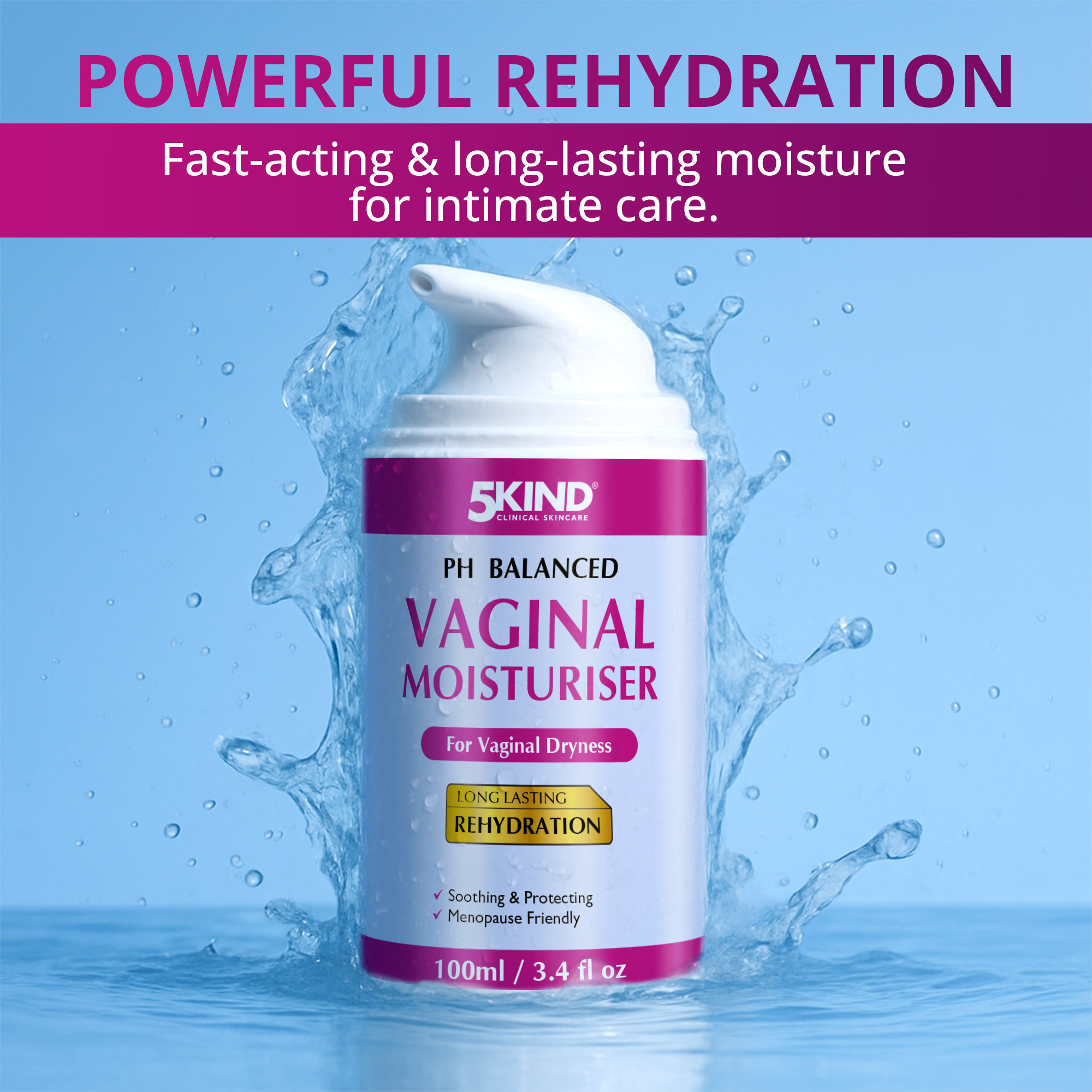 Vaginal moisturizer bottle with water splashes on a blue background, labeled '5KIND'.