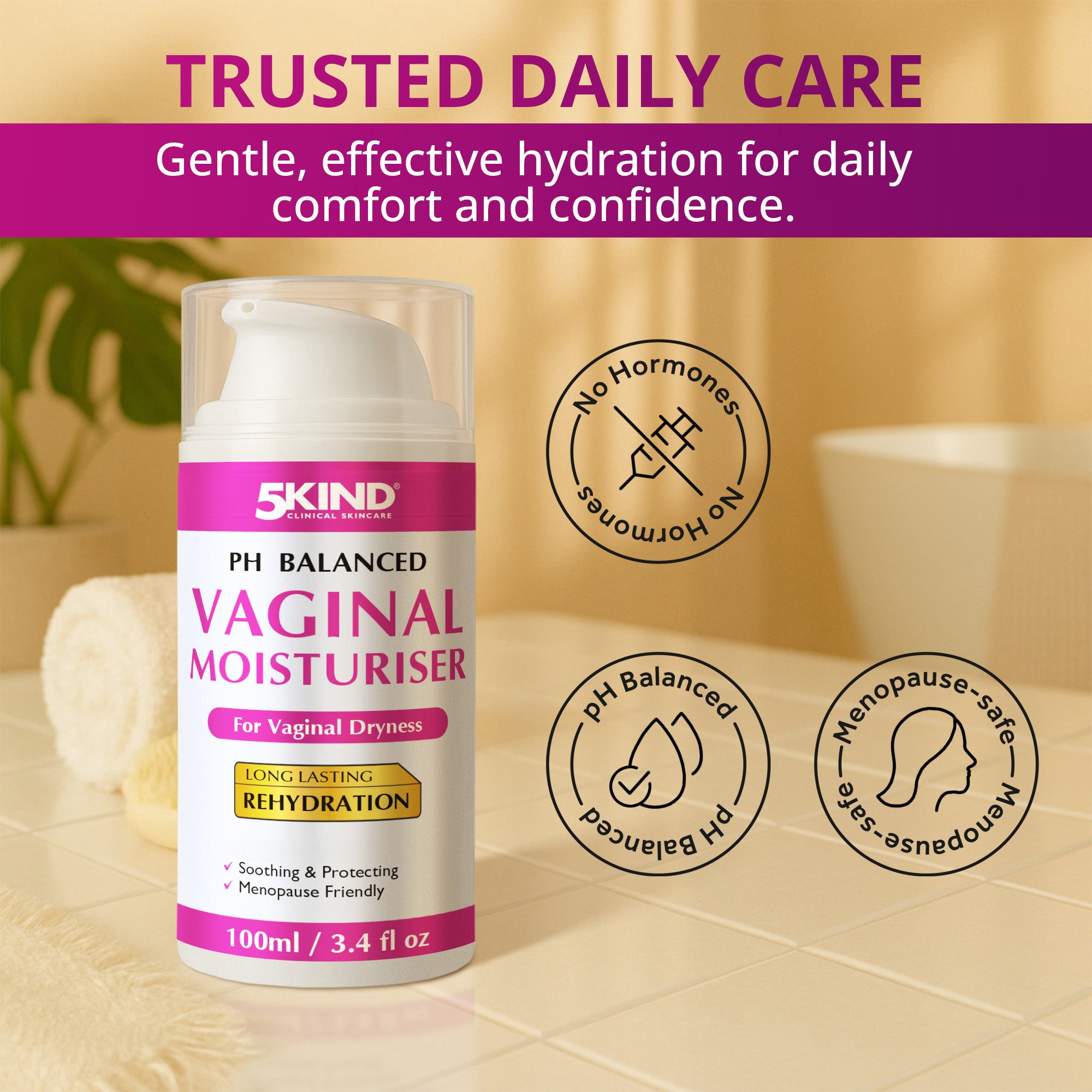 Vaginal moisturizer with branding and product details on a bathroom background