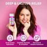 Woman holding a product with text 'Deep & Lasting Relief' on a pink background