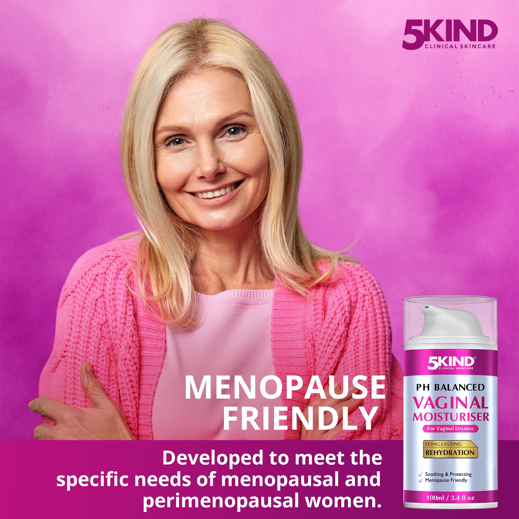 Advertisement for 5Kind Clinical Skincare pH Balanced Vaginal Moisturizer with a woman on a pink background.